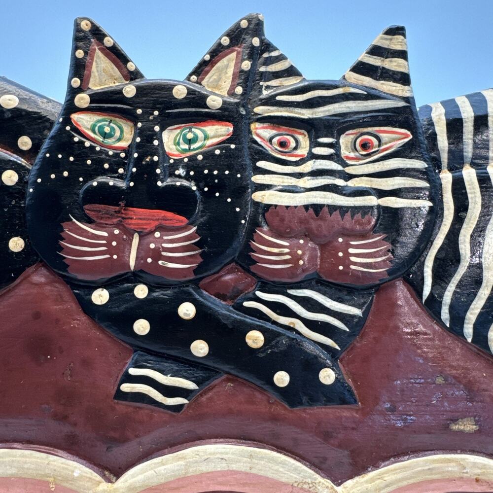Vintage Folk Art Wooden Cat Coat Rack/Hanger – Polka Dot & Stripe Whimsical